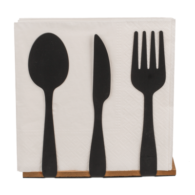 Black metal tissue holder, cutlery, with wooden