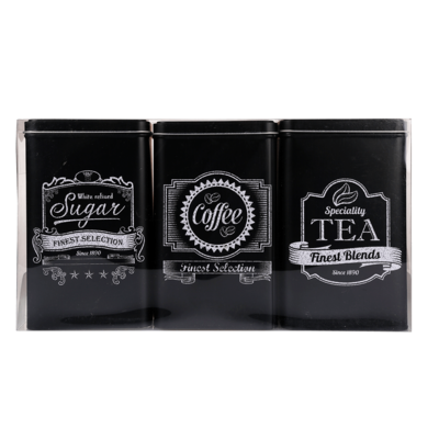 Black rectangular tin box, Coffee, Tea & Sugar,
