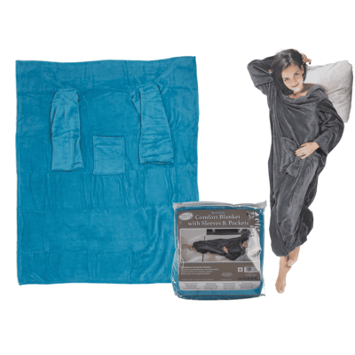 Blue comfort blanket with sleeves & pockets,