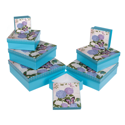 Boîte cadeau bleue claire avec papillon & fleurs,