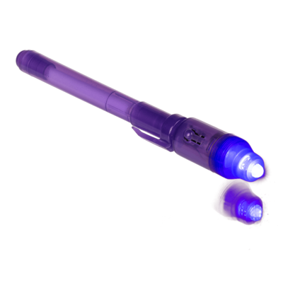 Bolígrafo con tinta transparente y luz UV,