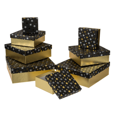 Caja de regalo doradas con estrellas plateadas/,
