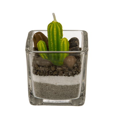 Candle in glass, Cactus with sand & stone deco,