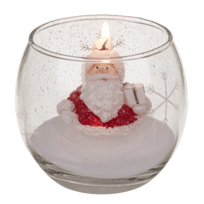 Candle in glass, Snowman and Santa,