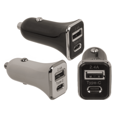 Car charger USB C + USB A, 2 colours ass.,