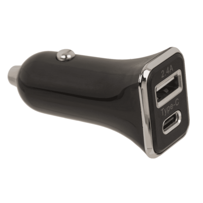 Car charger USB C + USB A, 2 colours ass.,