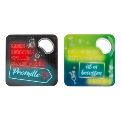 Coaster with bottle opener, German wordings,