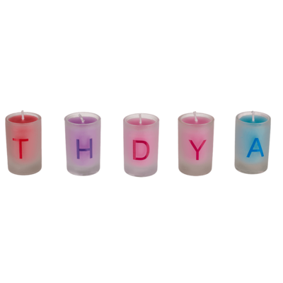 Coloured candles in glass, Happy Birthday,