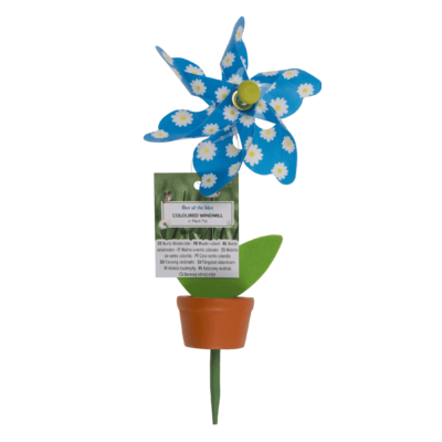 Coloured Windmill in Plant Pot with wooden stake,