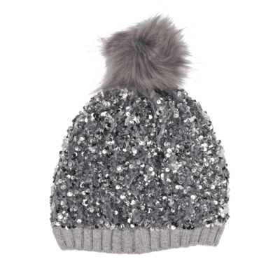 Comfort cap with artifical fur pompom & sequins