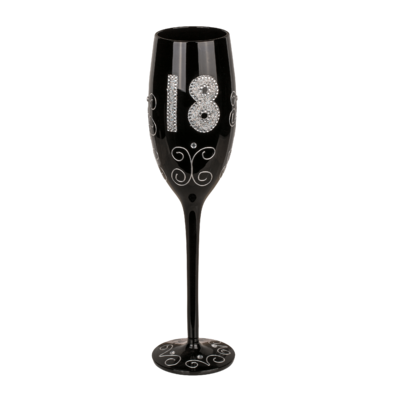 Copa de champaña negra con inscripción purpurina,