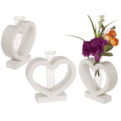 Cuore in MDF bianco con tubo di vetro, 15 x12 cm