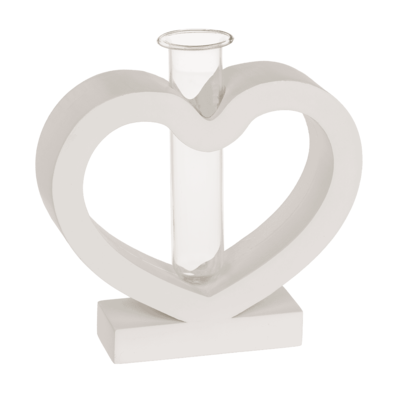 Cuore in MDF bianco con tubo di vetro, 15 x12 cm