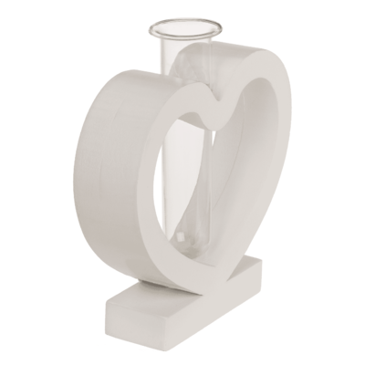Cuore in MDF bianco con tubo di vetro, 15 x12 cm