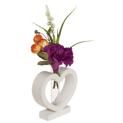 Cuore in MDF bianco con tubo di vetro, 15 x12 cm