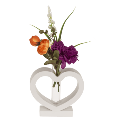 Cuore in MDF bianco con tubo di vetro, 15 x12 cm