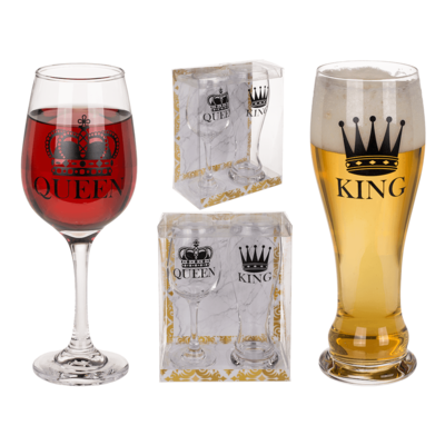 Drinking glass set, King & Queen,