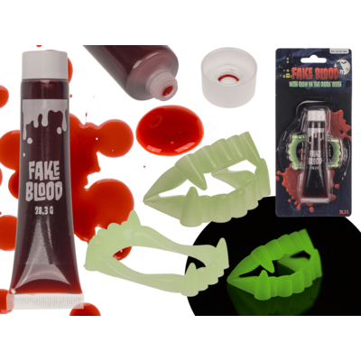 Fake blood with glow in the dark teeth,