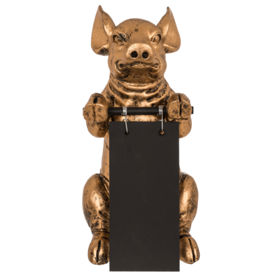 Figura decorativa dorada, cerdo con tablilla,