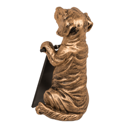 Figura decorativa dorada, perro con placa,