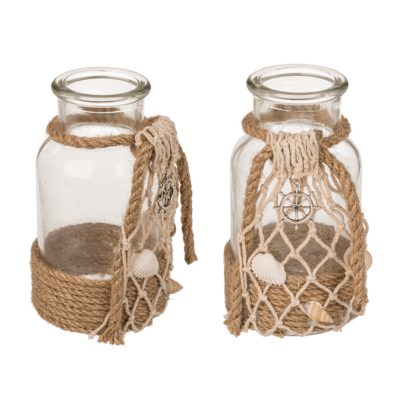 Glas-Vase mit maritimer Dekoration und Jute,