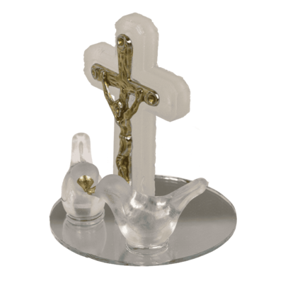 Glass cross with doves, 2 colours ass., 4 x 5 cm,