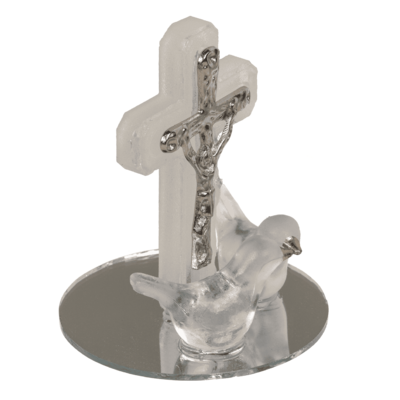 Glass cross with doves, 2 colours ass., 4 x 5 cm,