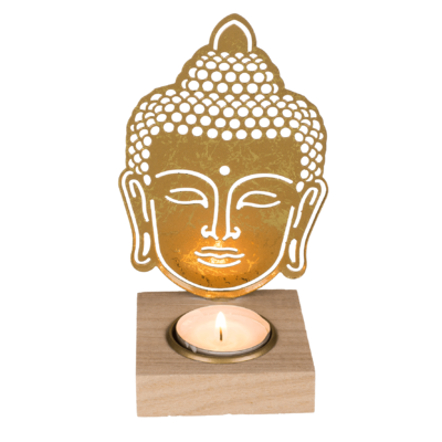 Gold colored metal tealight holder with wooden