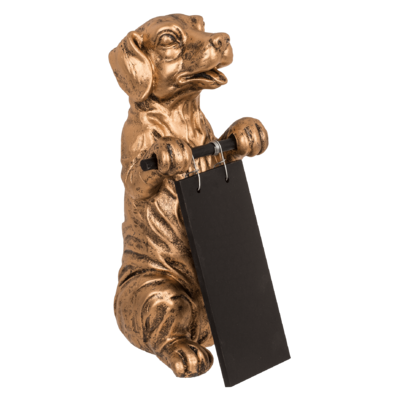 Goldene Deko-Figur, Hund mit Tafel,
