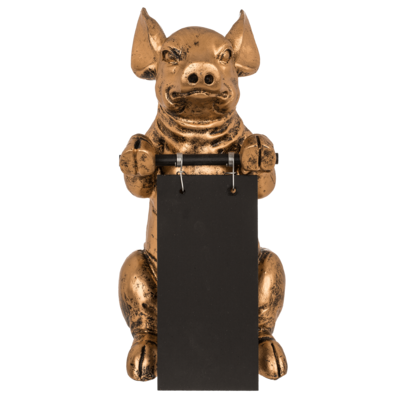 Goldene Deko-Figur, Schwein mit Tafel,