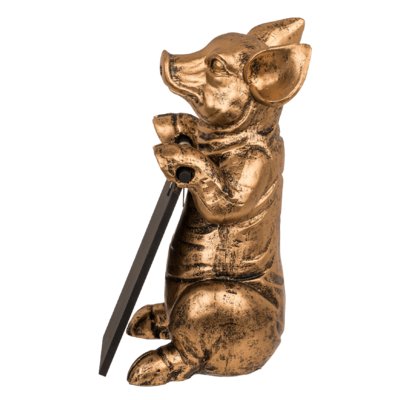 Goldene Deko-Figur, Schwein mit Tafel,