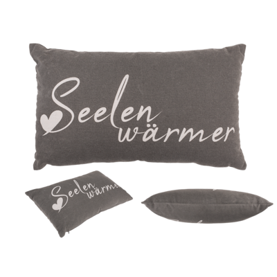 Grey colored decoration cushion, Seelenwärmer,