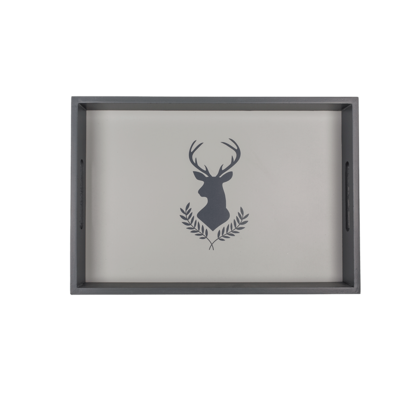 Grey colored wooden tray, deer head,