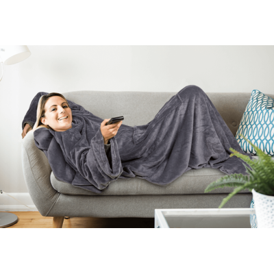 Grey comfort blanket with sleeves & pockets,