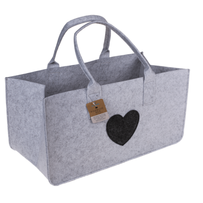 Grey felt bag for wood, with heart,