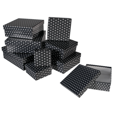 Grey gift boxes with white dots,