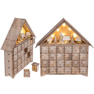 Holz-Adventskalender, Haus mit warmweißen LED,