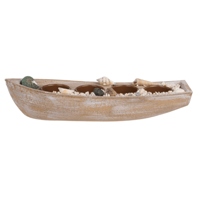 Holz-Boot für 4 Teelichte, mit Muscheldeko