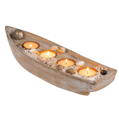 Holz-Boot für 4 Teelichte, Muscheldeko
