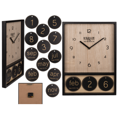 Holz-Uhr mit Kalender, ca. 39,5 x 28 cm