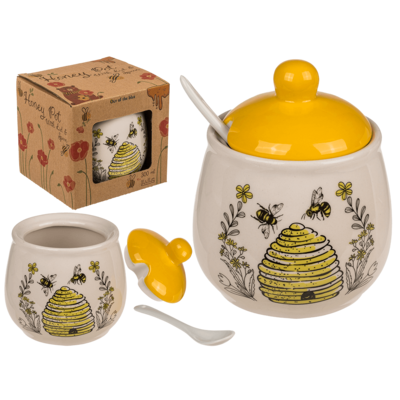 Honey & sugar pot with lid & spoon, Bee,