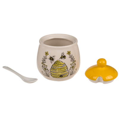 Honey & sugar pot with lid & spoon, Bee,