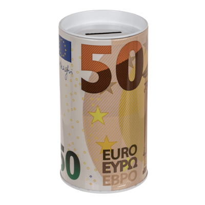 Hucha de metal, billetes de euro,