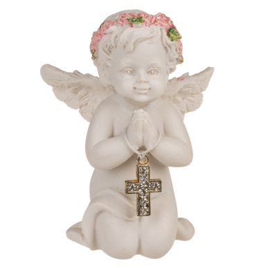 Kneeling polyresin angel with pink coloured