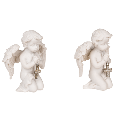 Kneeling polyresin angel with silver coloured,