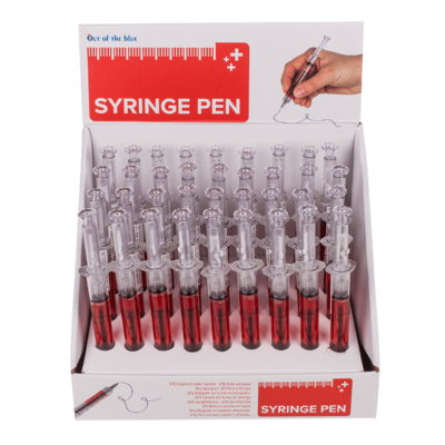 Kugelschreiber, Spritze mit roter Flüssigkeit,