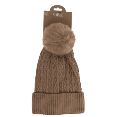 Ladies beanie with fake pur pompom,