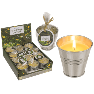 Lemon-scented candle in zinc pot,