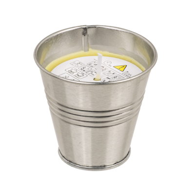 Lemon-scented candle in zinc pot,