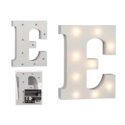 Lettera di legno illuminata E, con 8 LED,